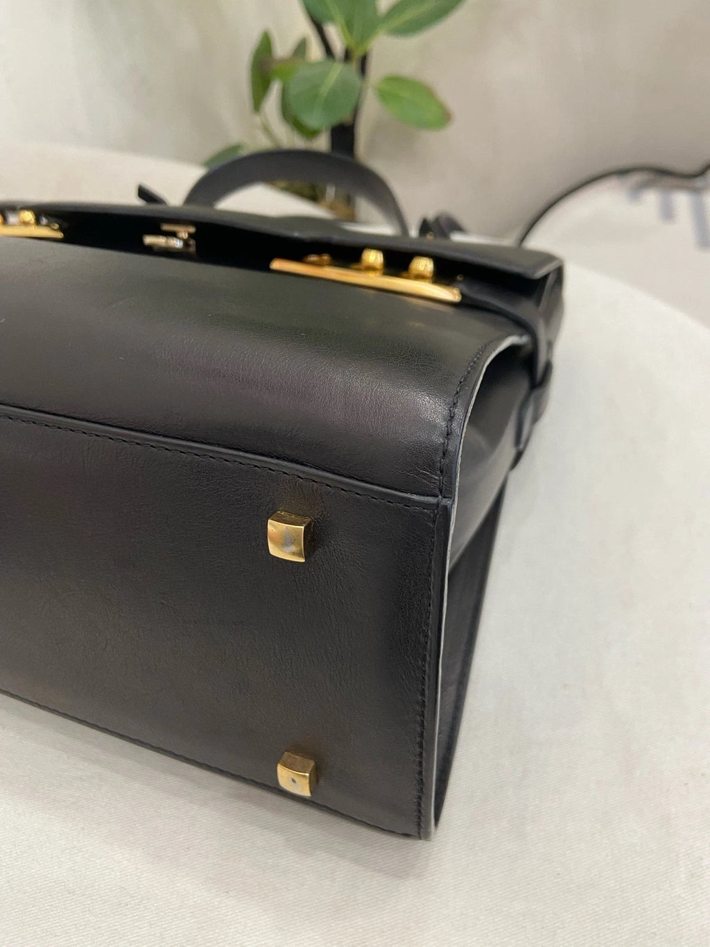 Delvaux Tempete MM Calfskin Top Handle Shoulder Bag Black Gold Women Classic