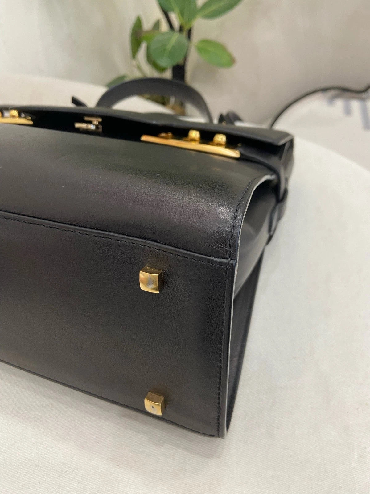 Delvaux Tempete MM Calfskin Top Handle Shoulder Bag Black Gold Women Classic