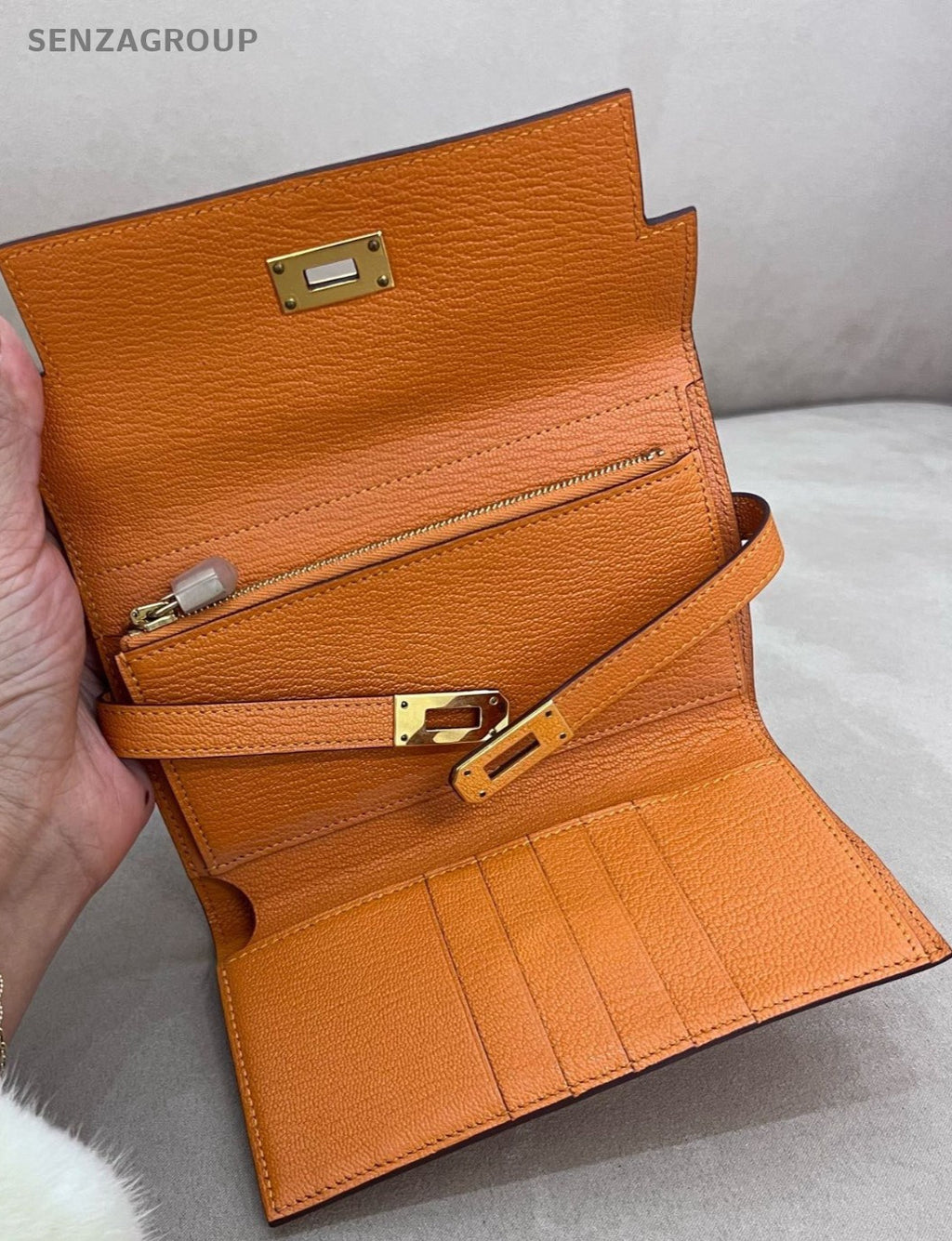 Hermes Kelly Long Wallet Lambskin Orange Gold Women