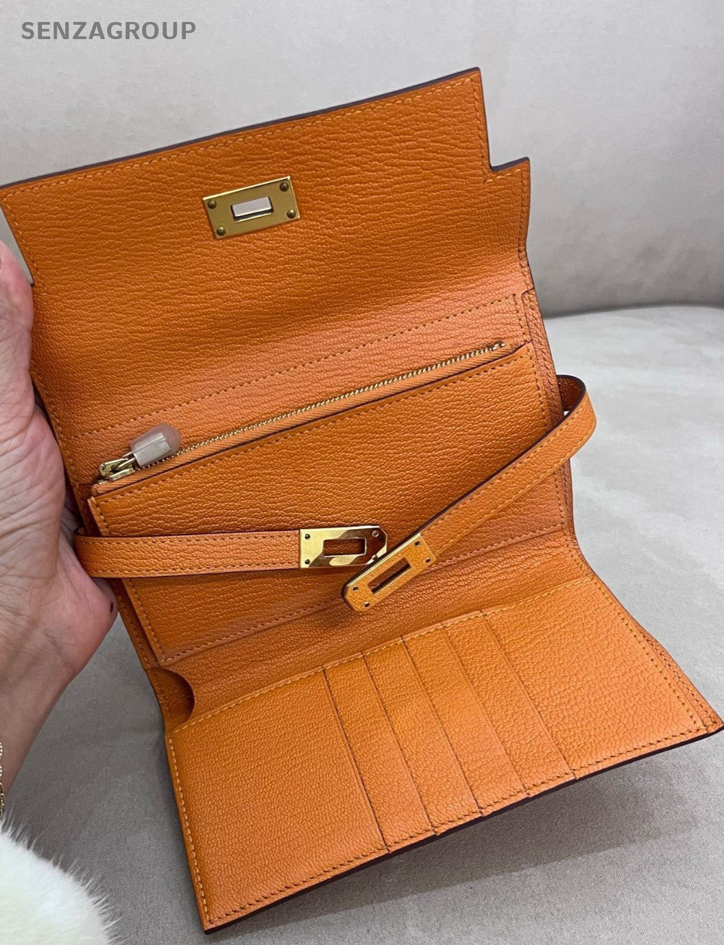 Hermes Kelly Long Wallet Lambskin Orange Gold Women