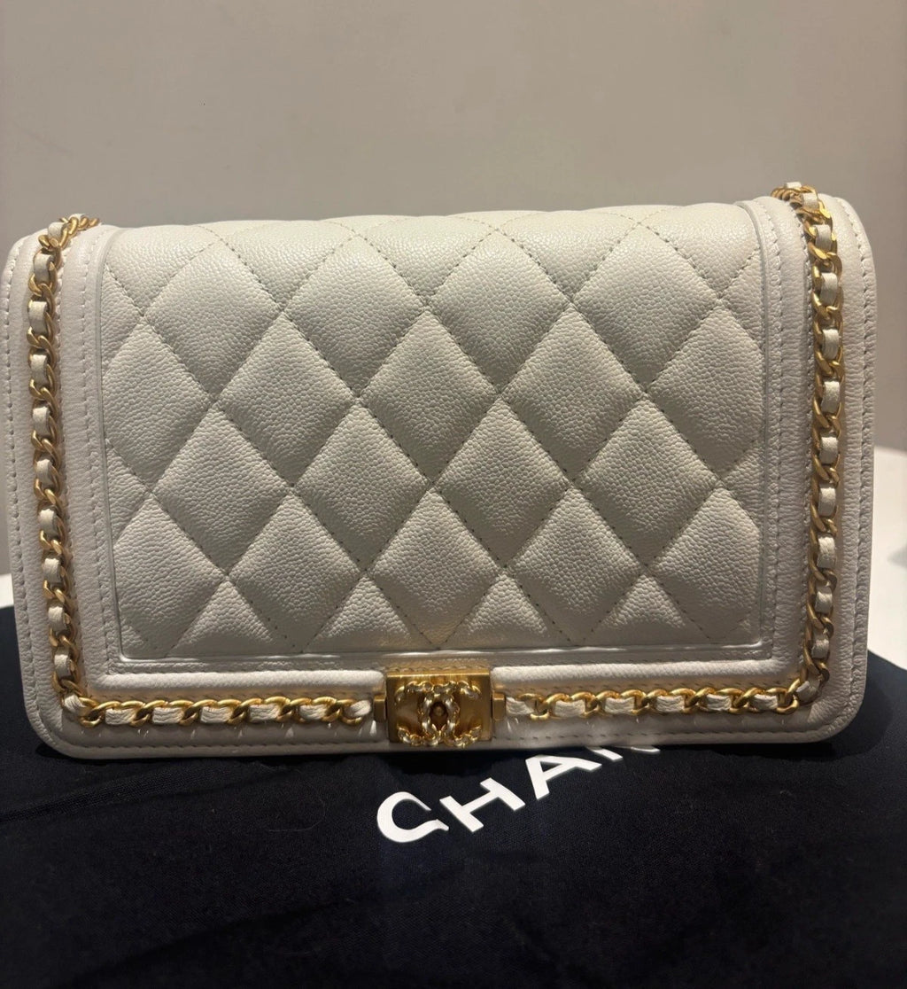Chanel Leboy WOC Chain Shoulder Bag Crossbody White Gold Diamond Women Classic
