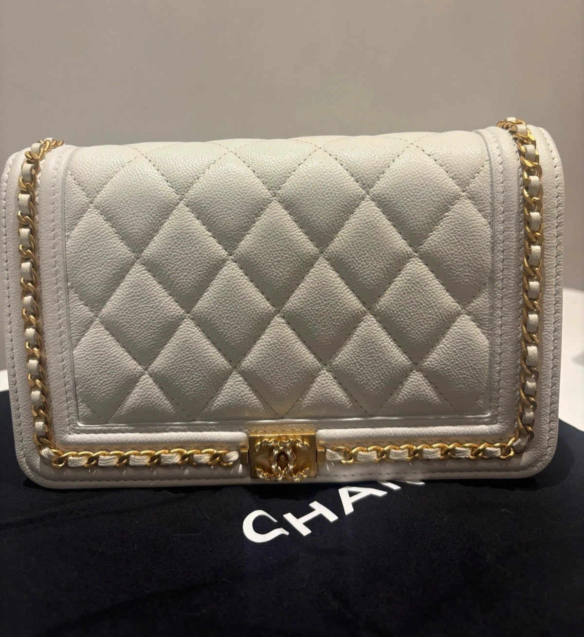 Chanel Leboy WOC Chain Shoulder Bag Crossbody White Gold Diamond Women Classic