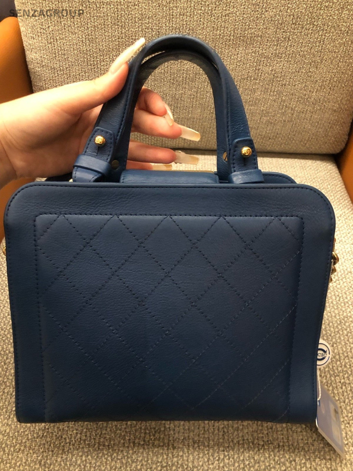 CHANEL Vintage Top Handle Diamond Pattern Handbag Blue Gold Women