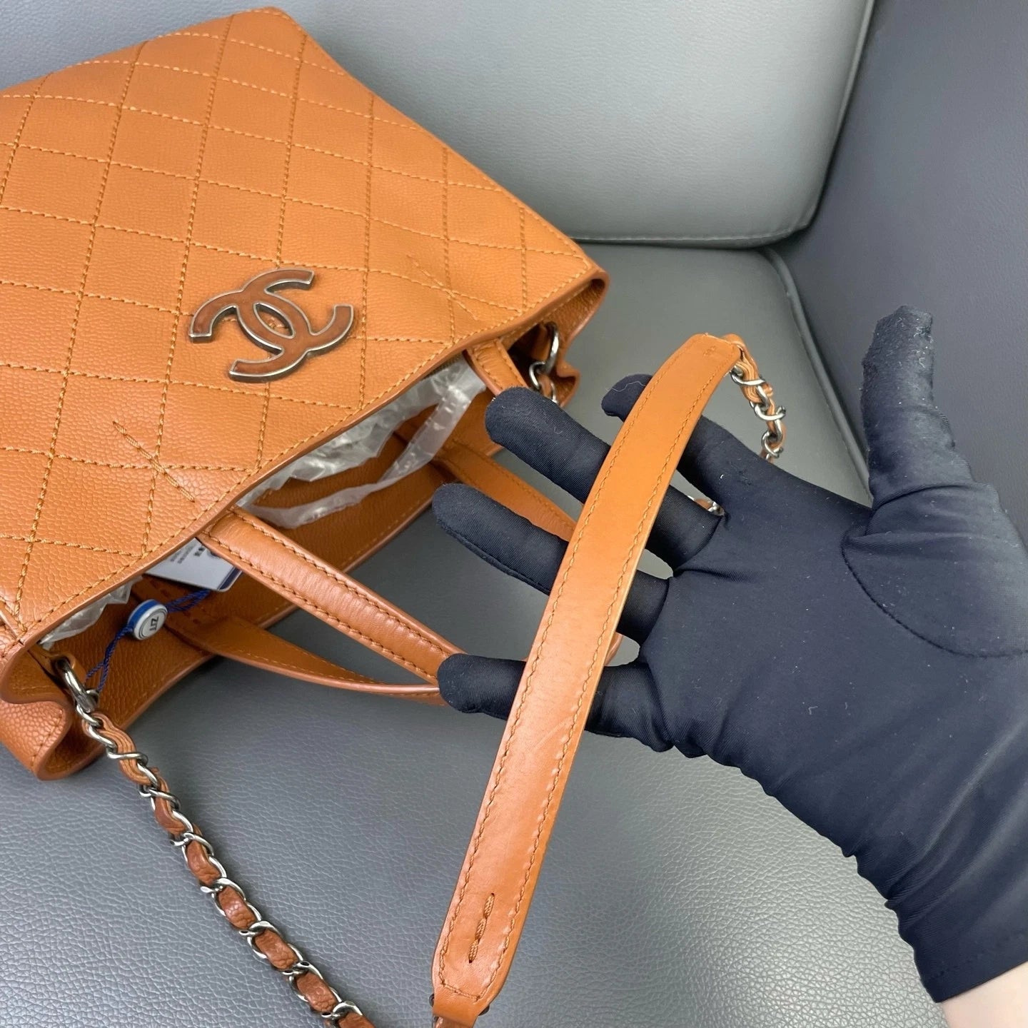 Vintage CHANEL Brown Leather Quilted Logo Tote Bag For Women