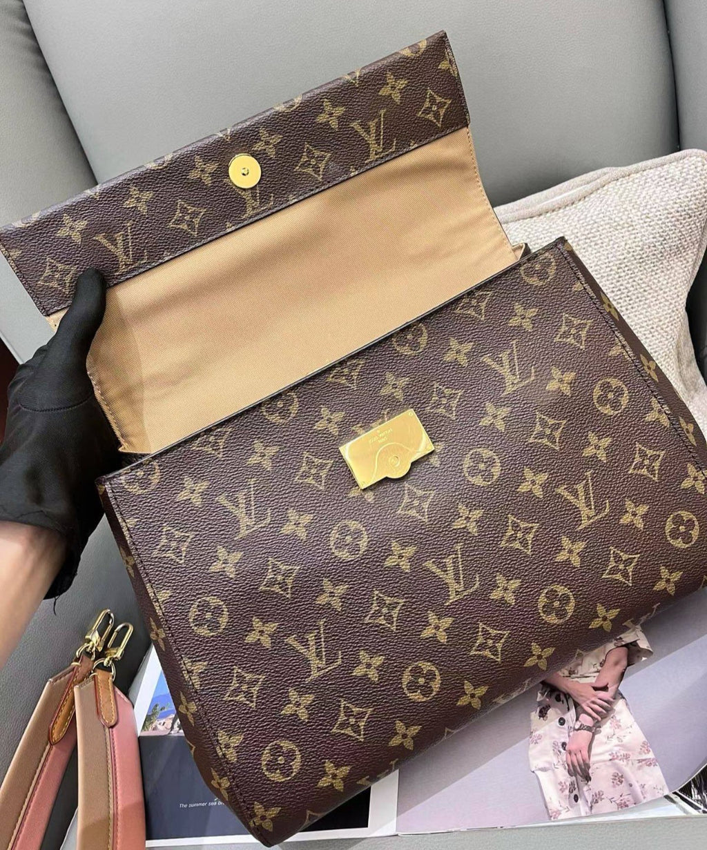 Louis Vuitton Cluny MM Monogram Top Handle Crossbody Brown Gold Women Classic