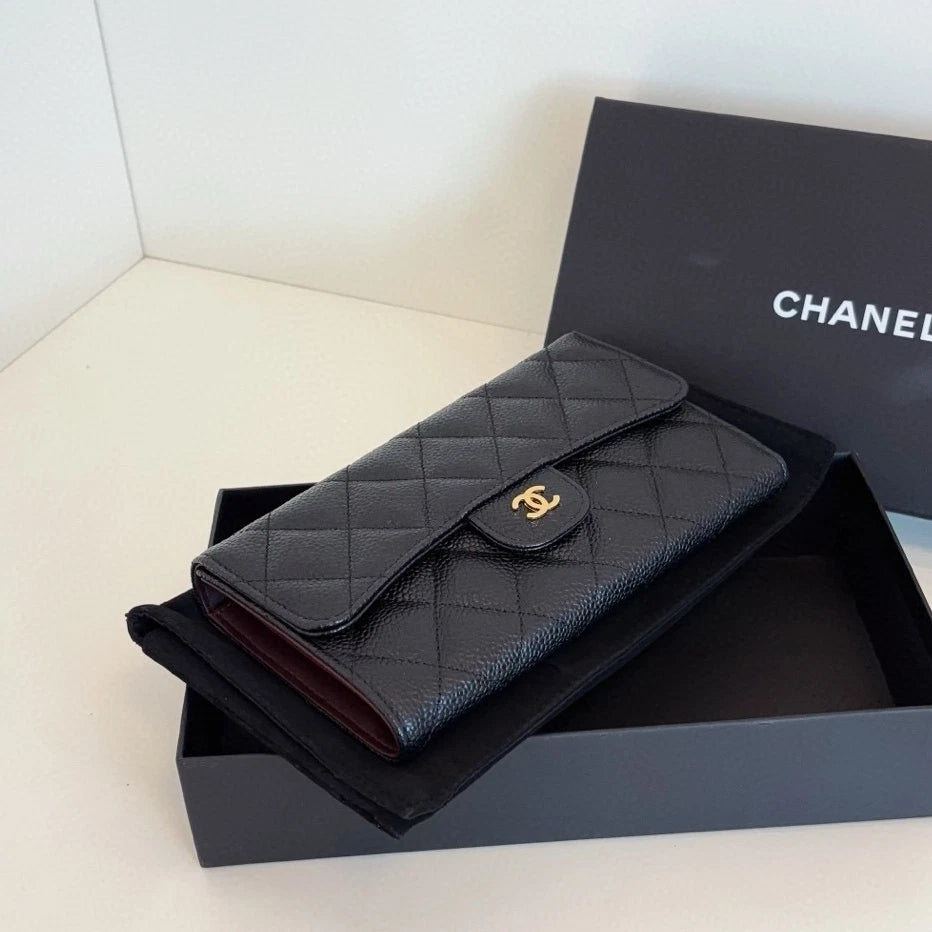 Chanel Classic Flap Long Wallet Diamond Black Gold Used Women