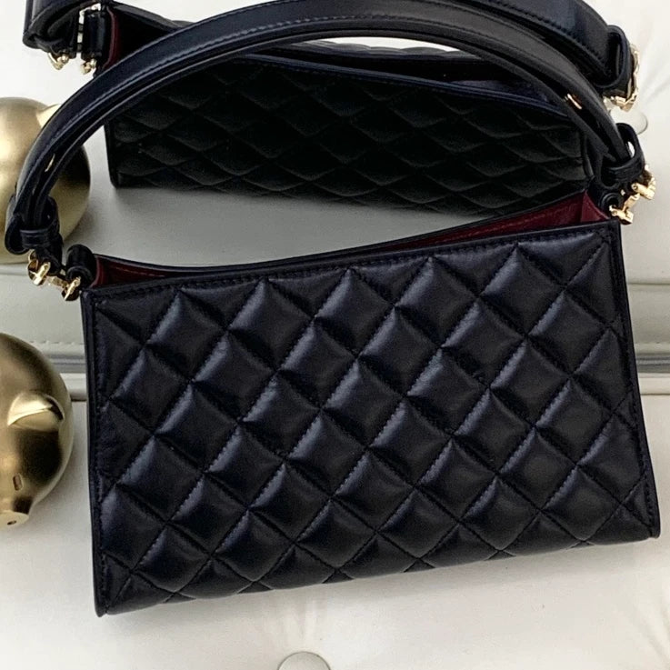 Chanel Hobo Lambskin Top Handle Shoulder Bag Black Gold Hardware Women S