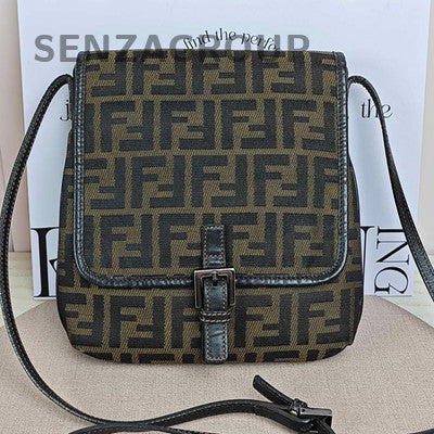 Fendi Vintage Monogram Canvas Flap Shoulder Bag Brown Women Classic