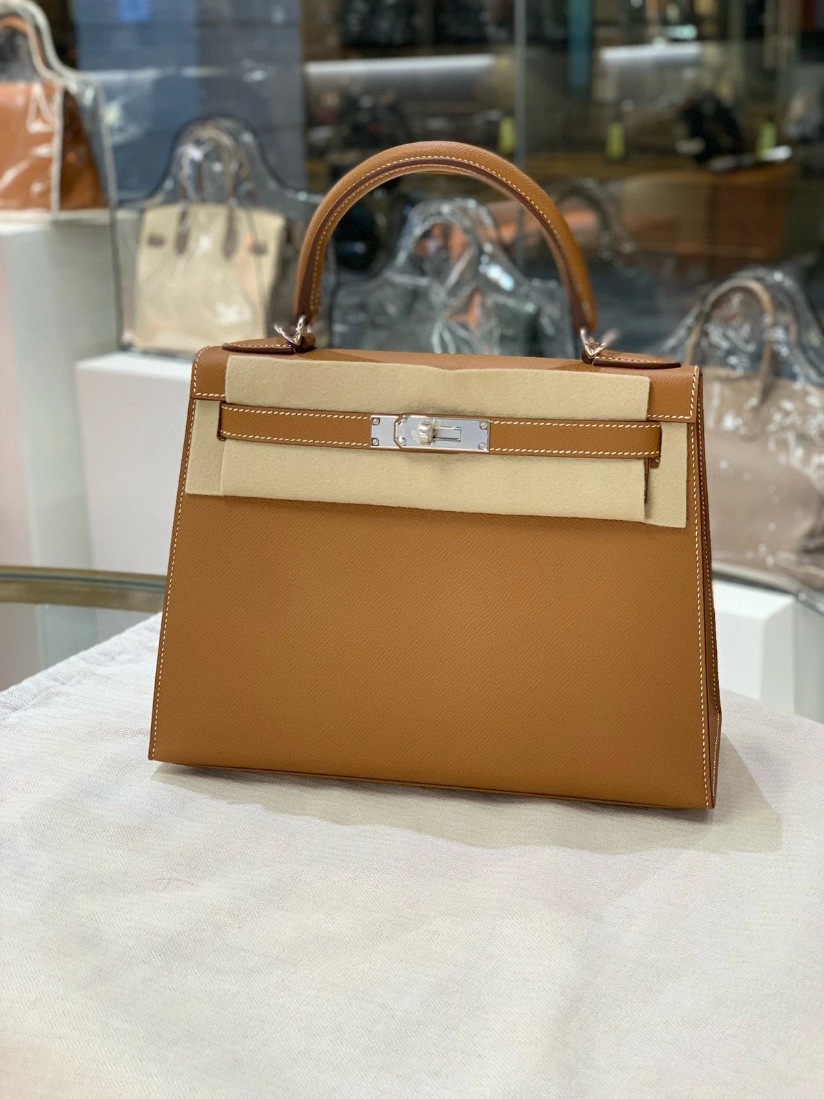 Hermes Kelly28 Gold Brown Epsom Silver Hardware Handbag For Women