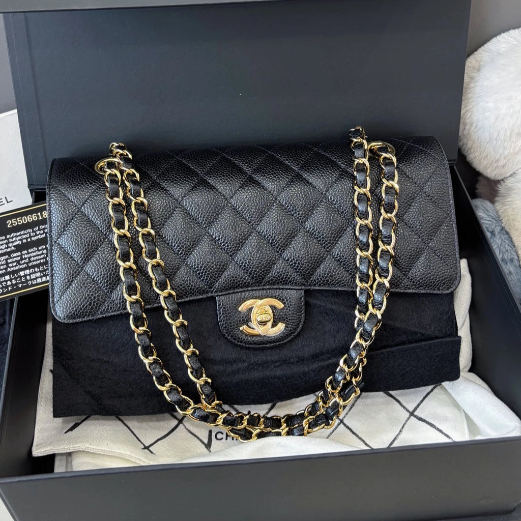 Chanel Classic Flap MM Calfskin Chain Shoulder Crossbody Black Gold Women