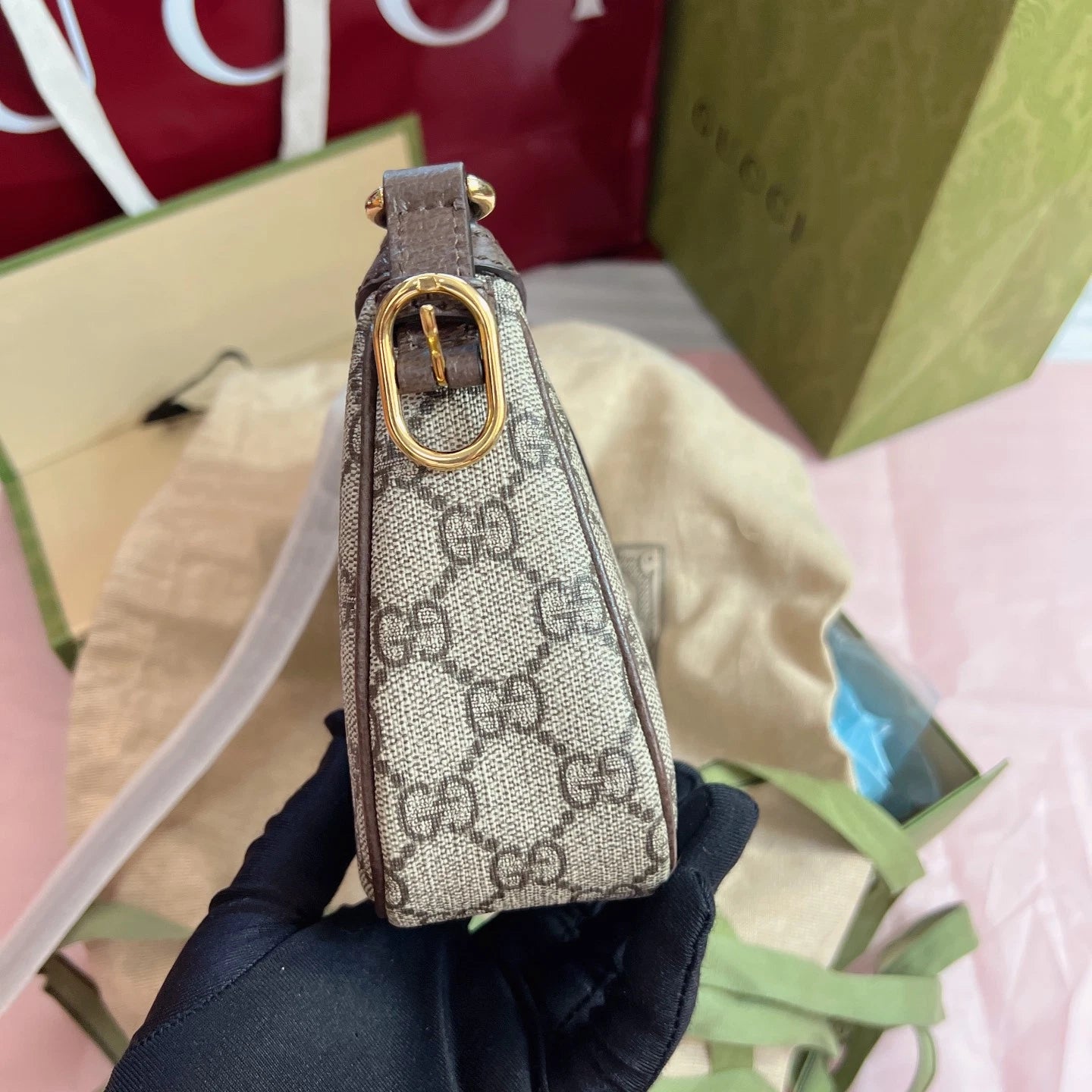 New Gucci GG Canvas Brown Shoulder Bag Gold Hardware
