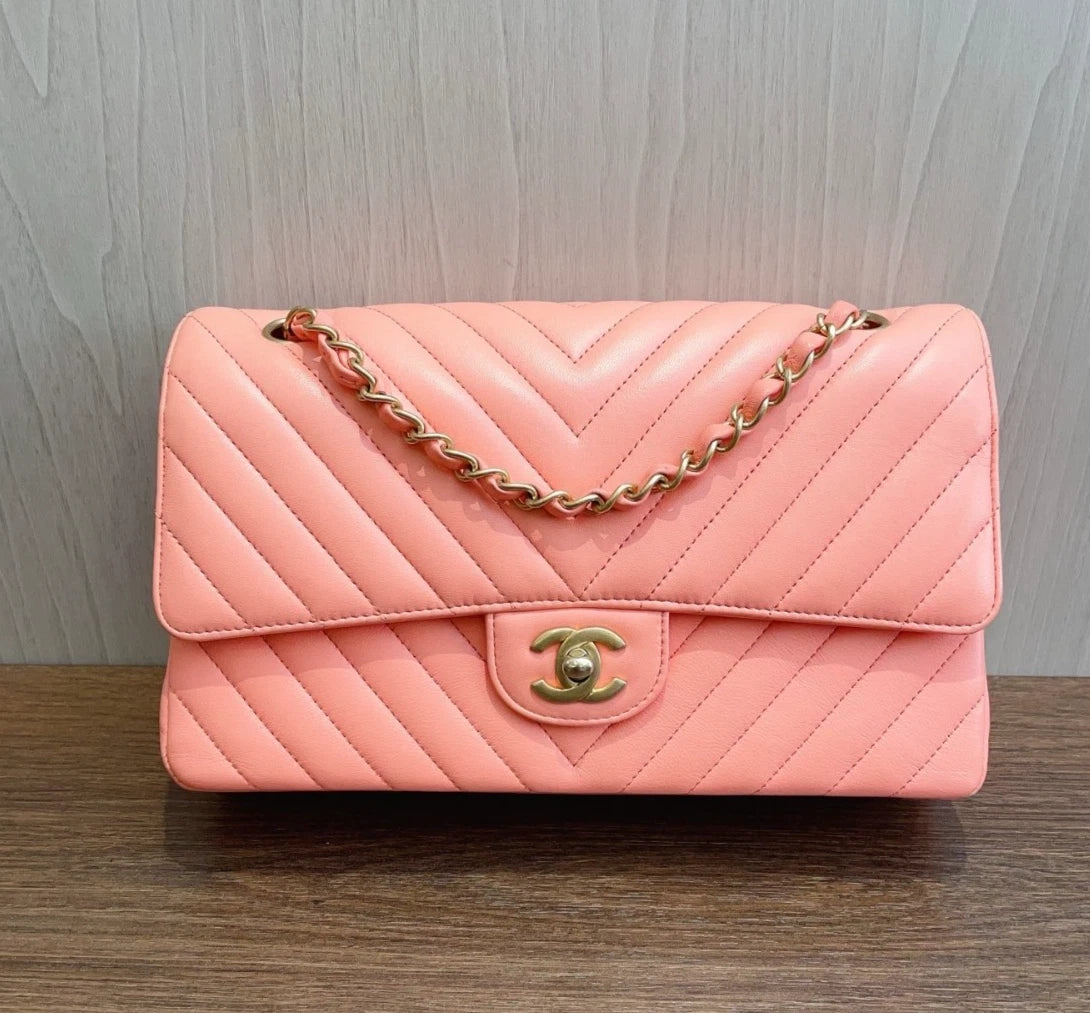 Chanel Classic Flap Chevron Calfskin Turn Lock Shoulder Bag Pink Women