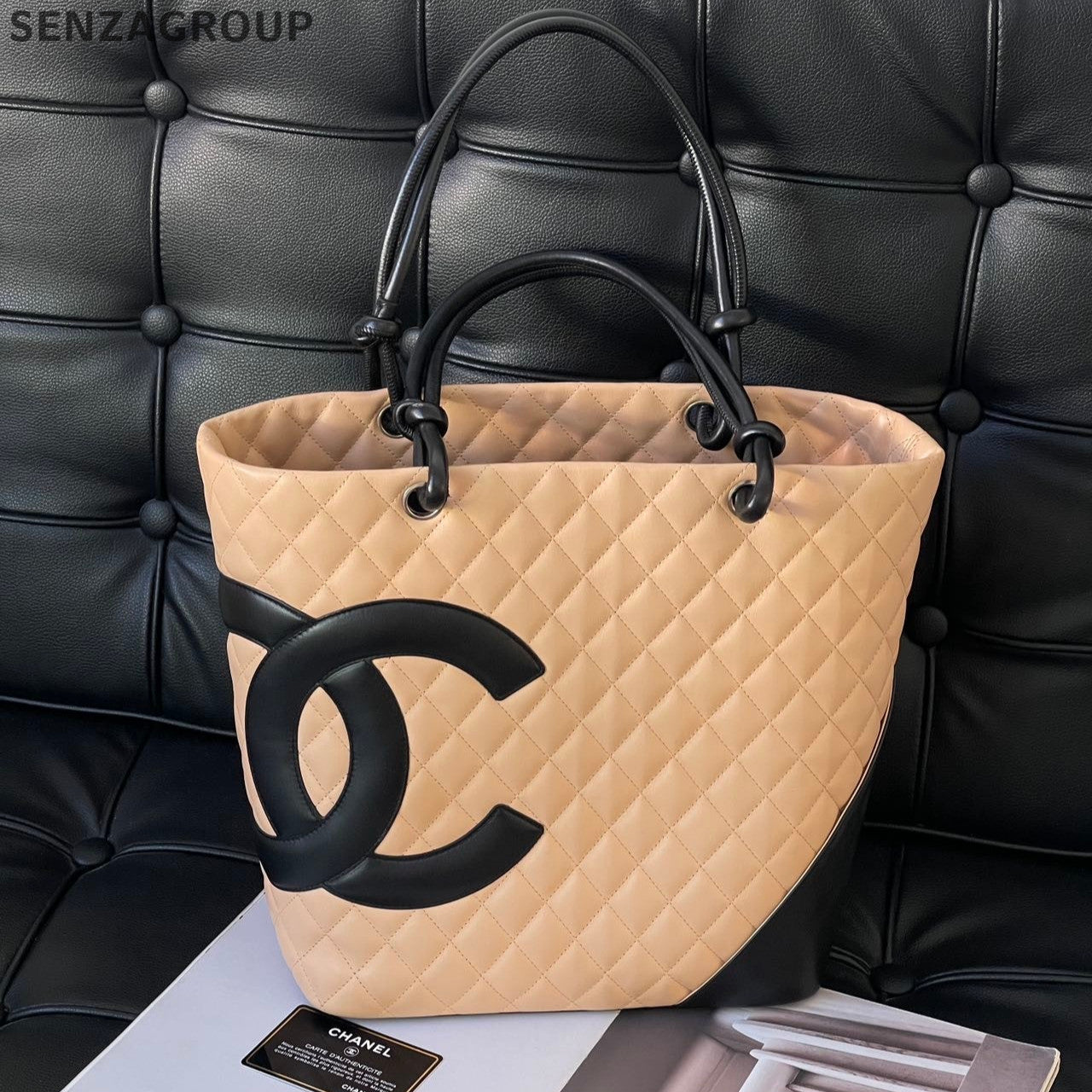 Chanel Cambon Tote Bag Beige Black Shoulder Handbag Classic Women