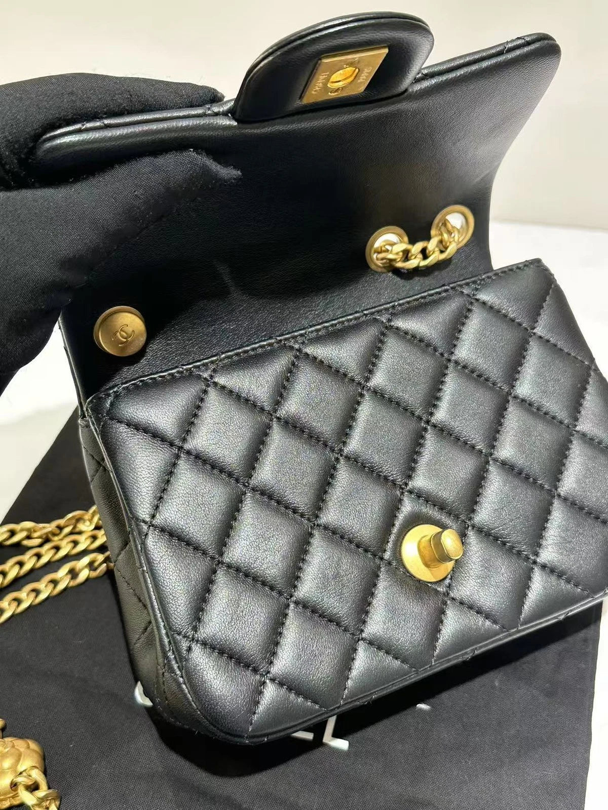 CHANEL Camellia Buckle Black Gold Mini Crossbody Bag For Women