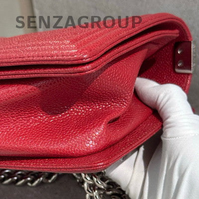 Chanel Red Silver Medium Le Boy Chain Shoulder Crossbody Bag