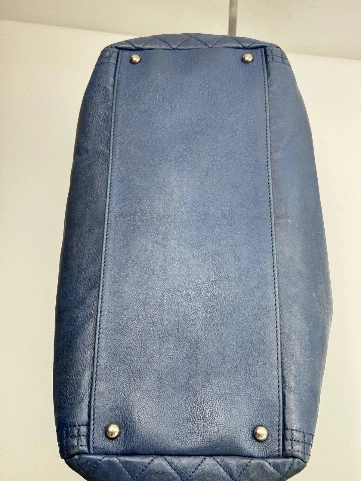 Authentic Chanel CC Logo Silver Chain Blue Tote Shoulder Bag