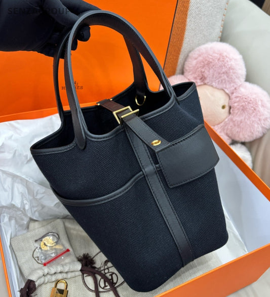 Hermes Cargo Picotin18 Top Handle Bag Black Gold Women Classic Fashion