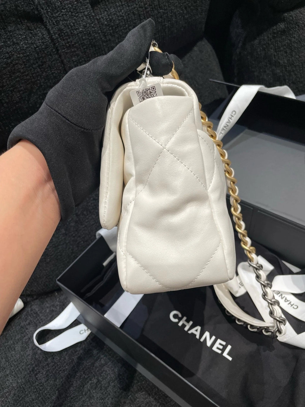 CHANEL 19 Small Calfskin White Gold Hardware Shoulder Bag For Women