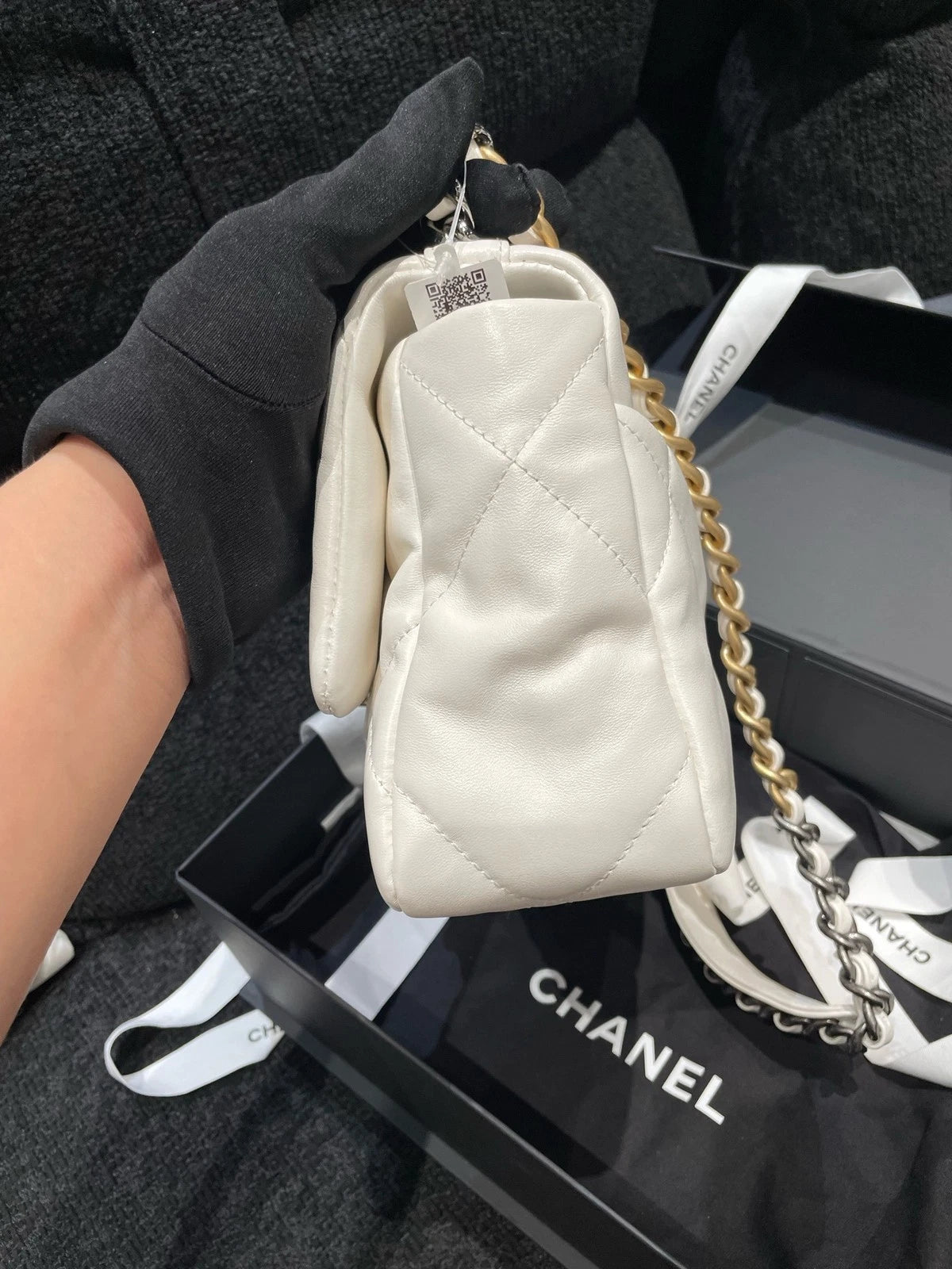 CHANEL 19 Small Calfskin White Gold Hardware Shoulder Bag For Women