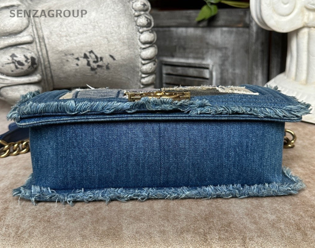 Chanel Leboy MM Denim Blue Chain Shoulder Bag Crossbody Gold Women Classic