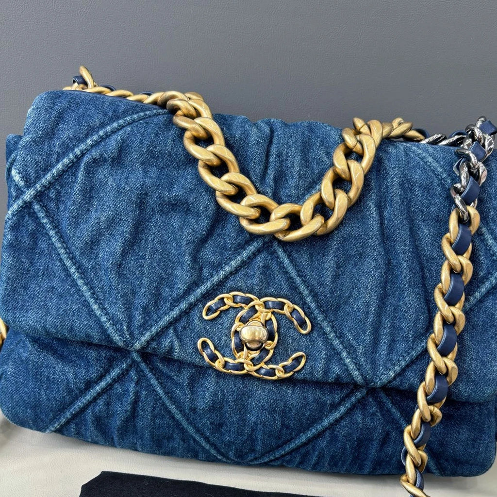 Chanel 19 Small Denim Flap Crossbody Bag Everyday Shoulder Bag Deep Blue Gold