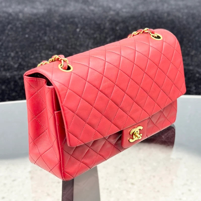 Chanel Vintage Classic Flap Chain Lambskin Shoulder Bag Red Gold Women S