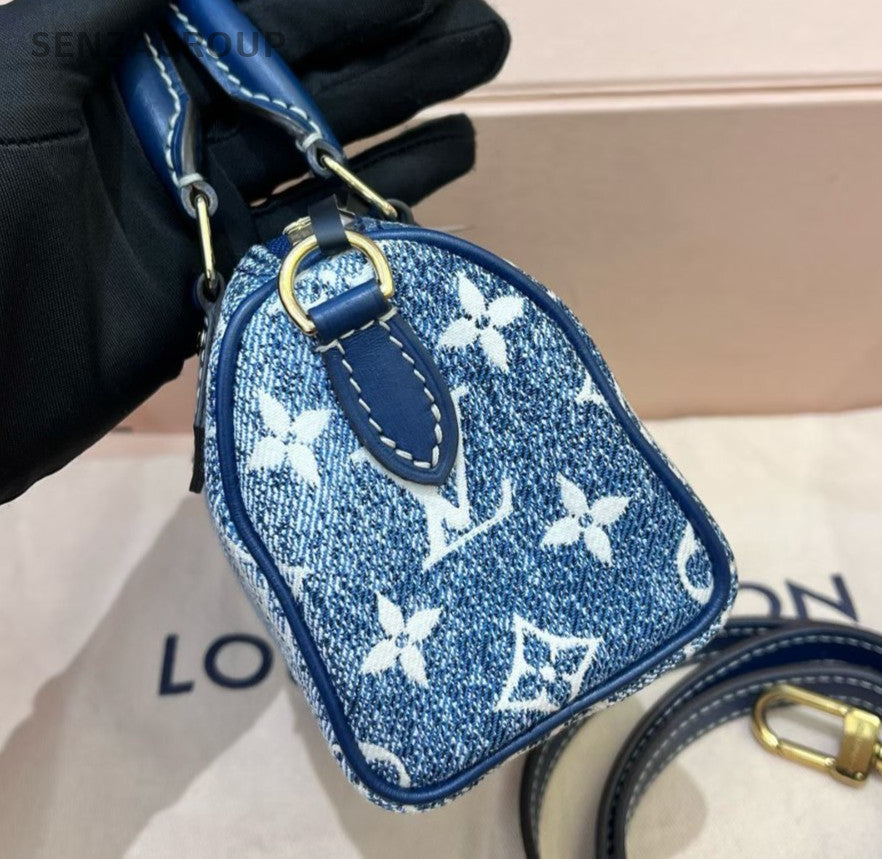 Louis Vuitton Speedy Nano Denim Monogram Top Handle Crossbody Blue Gold Women