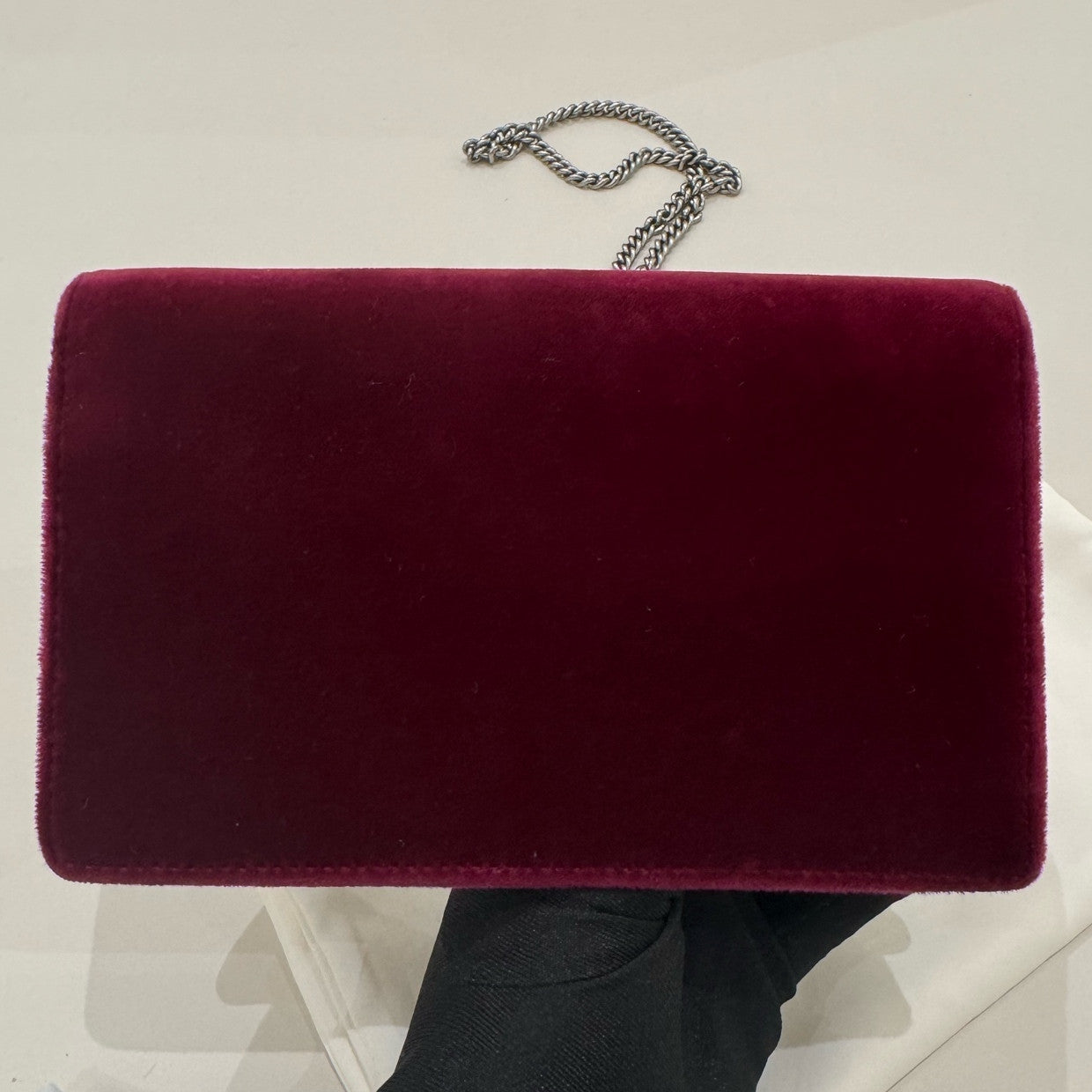 Gucci Dionysus Mini Chain Bag in Velvet, Burgundy with Silver Hardware