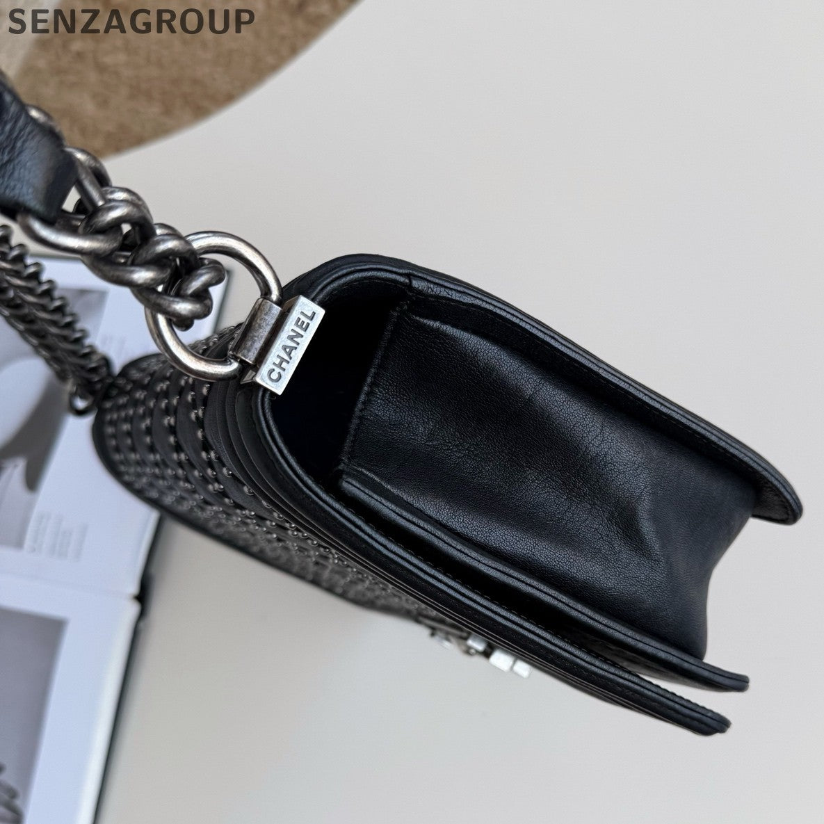 Chanel Leboy MM Chain Shoulder Crossbody Black Silver Diamond Women Classic