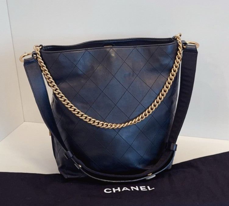 Chanel Hobo PM Chain Shoulder Bag Crossbody Black Gold Women Classic Diamond