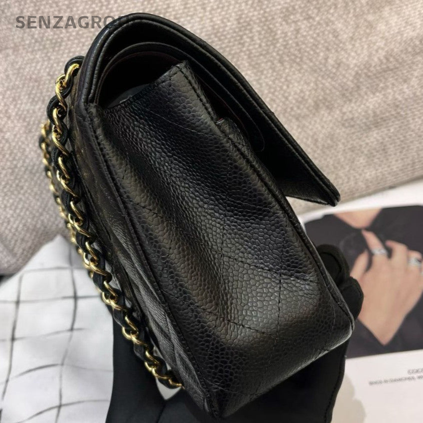 Chanel Classic Flap MM Calfskin Chain Shoulder Bag Crossbody Black Gold Women