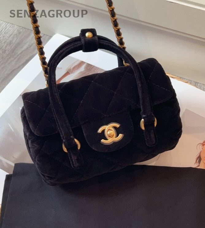 CHANEL CC Logo 25C Velvet Top Handle 2way Shoulder Handbag Black Gold Women