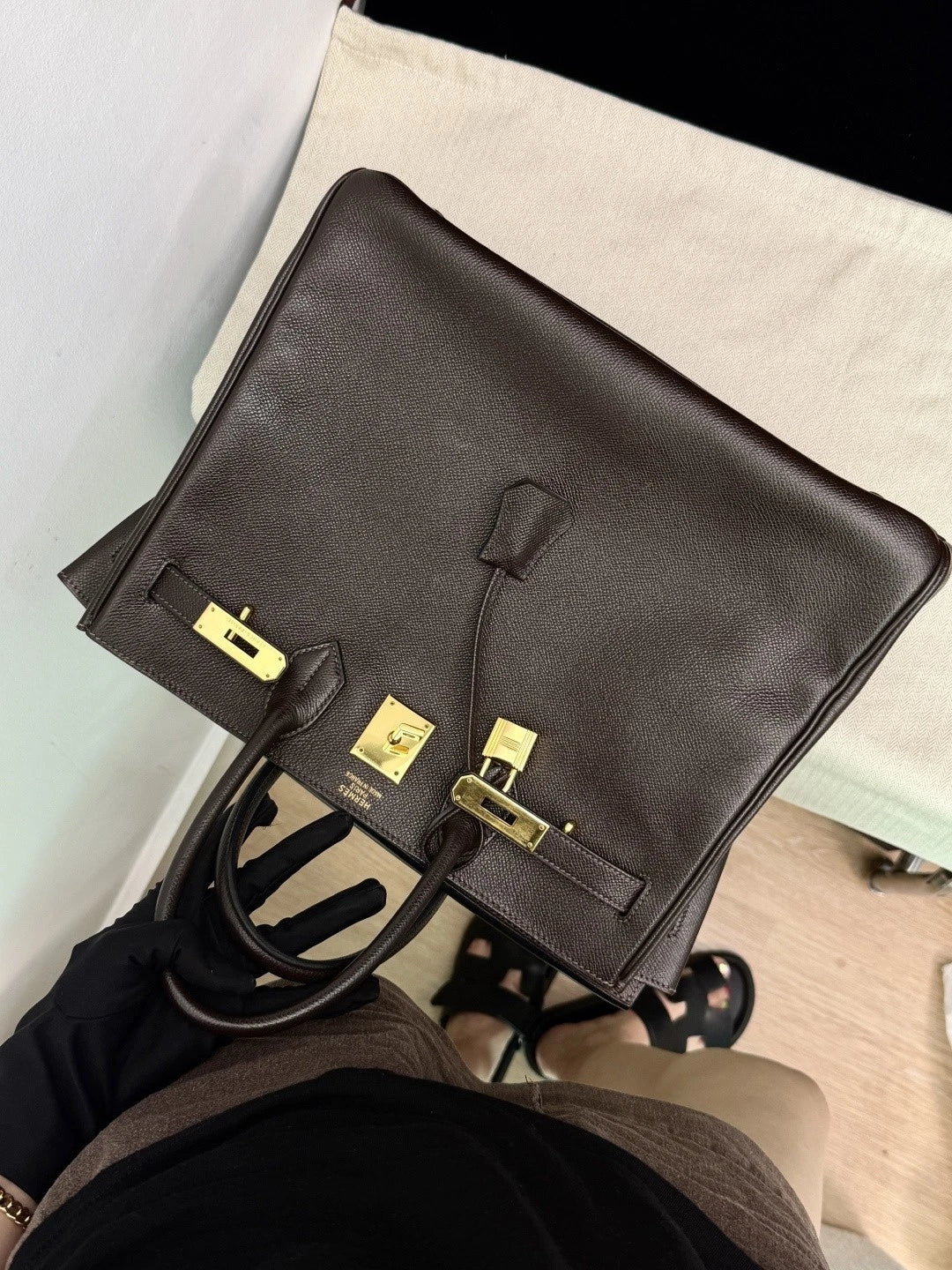 Authentic Hermes Hac 32 Ebene Epsom Leather Tote Top Handle Bag Gold Hardware