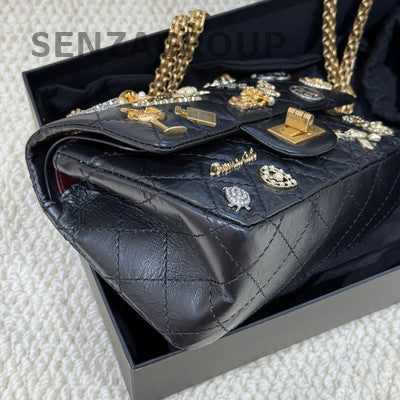 Chanel 2.55 Mini Flap Bag Black Gold Quilted Chain Shoulder Bag