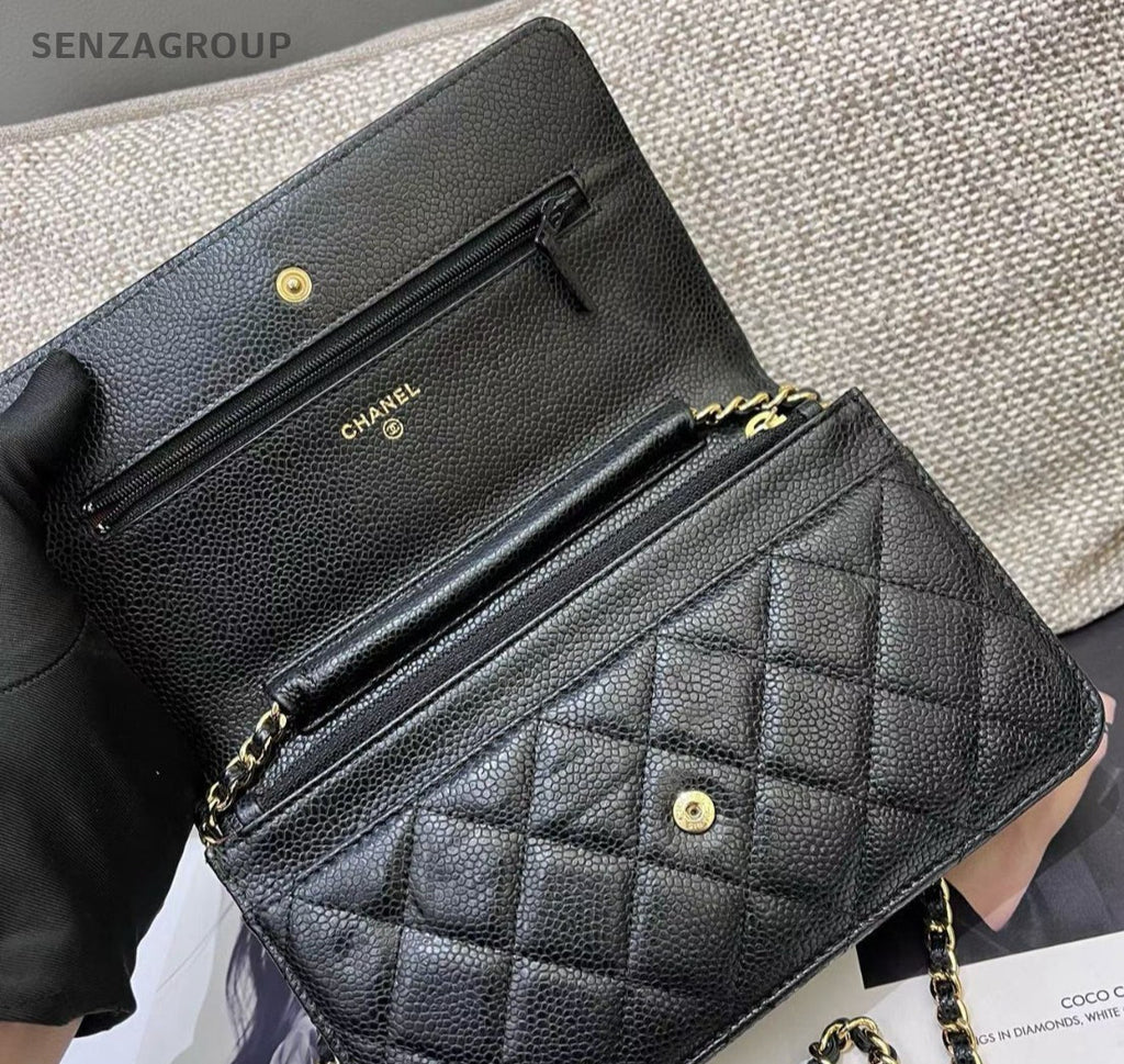 Chanel WOC Chain Shoulder Bag Crossbody Black Gold Diamond Women Classic