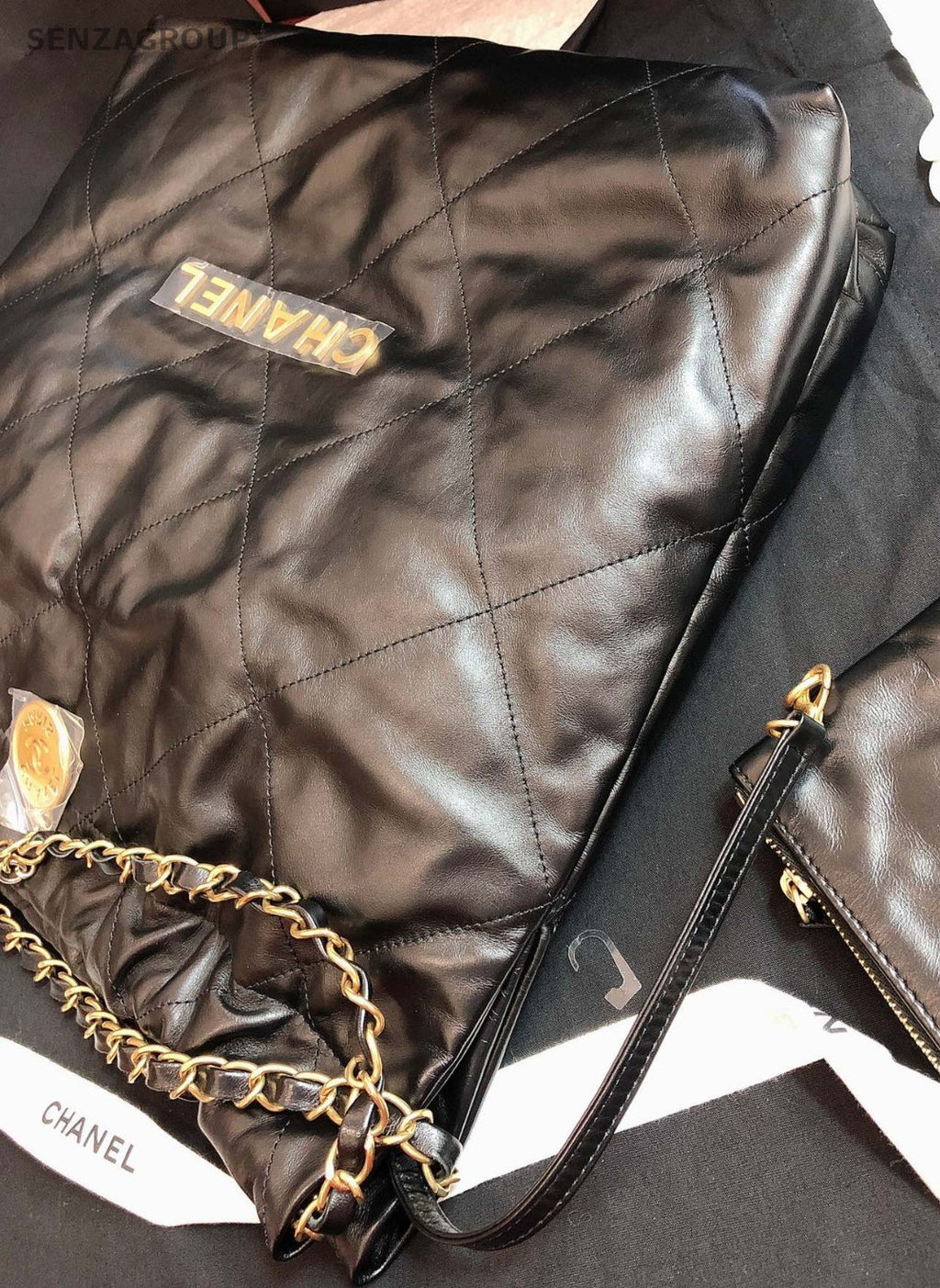 Chanel 22Bag MM Chain Shoulder Bag Diamond Black Gold Women Classic Designer