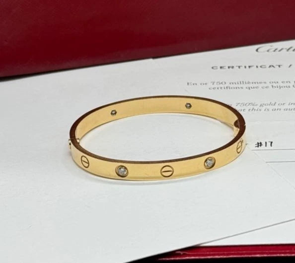 Cartier Love Classic Bangle Bracelet 18k Yellow Gold 4Diamonds Single Screw