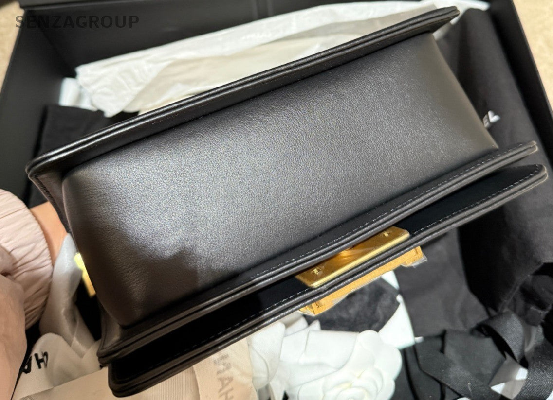 Chanel Calfskin Chain Shoulder Bag Crossbody Black Gold Women Classic Designer