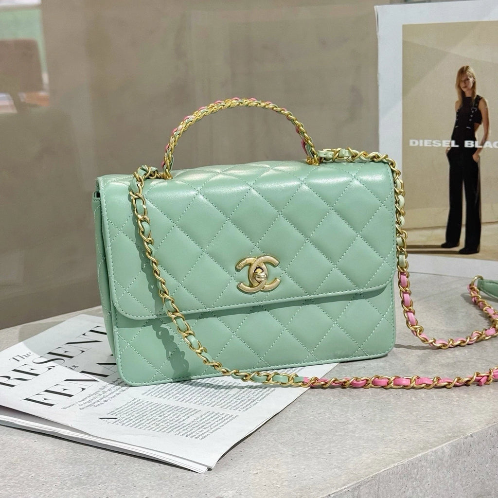 CHANEL Green Leather Top Handle Flap Crossbody Bag For Women