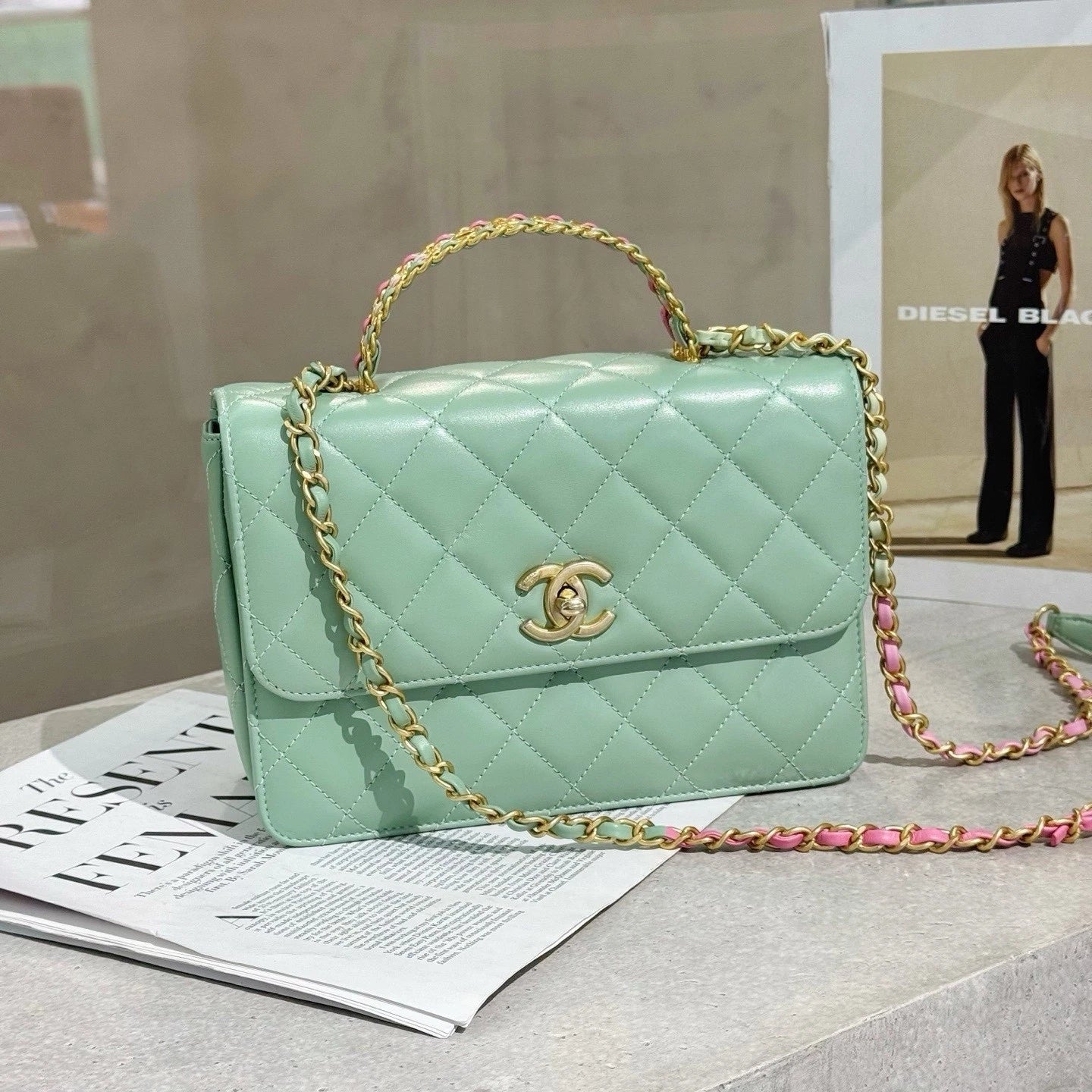 CHANEL Green Leather Top Handle Flap Crossbody Bag For Women