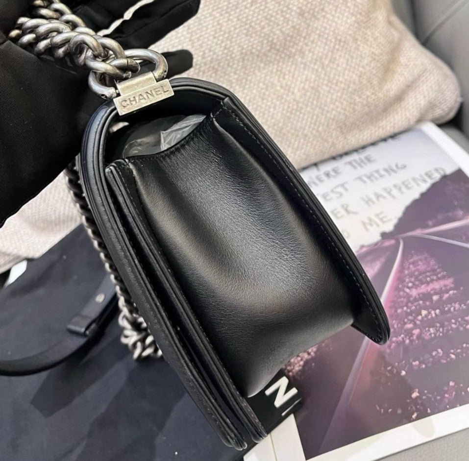 Chanel Leboy MM Calfskin Chain Shoulder Bag Crossbody Black Silver Women Classic