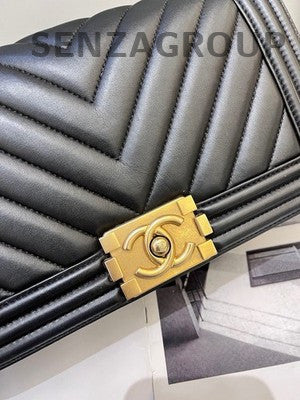 Chanel Black Gold Chevron Calfskin Medium Le Boy Chain Shoulder Bag
