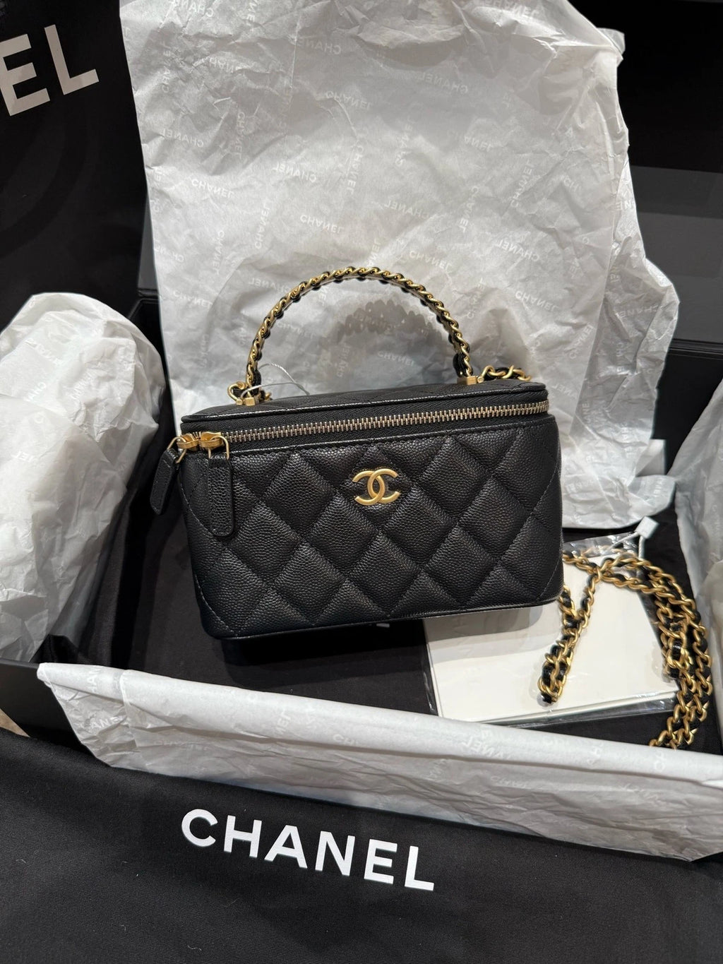 CHANEL Black Gold Caviar Calfskin Top Handle Box Bag For Women