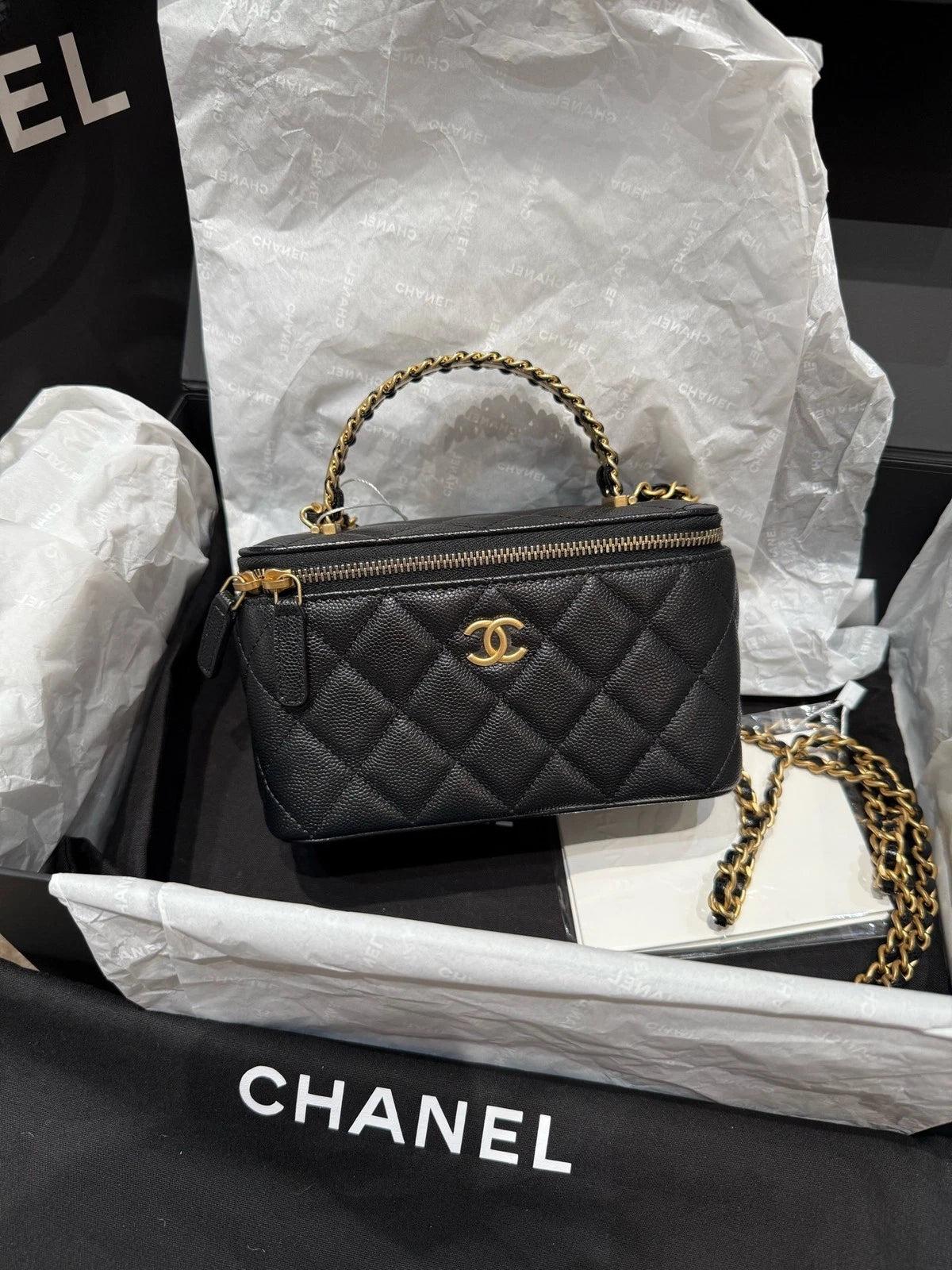 CHANEL Black Gold Caviar Calfskin Top Handle Box Bag For Women