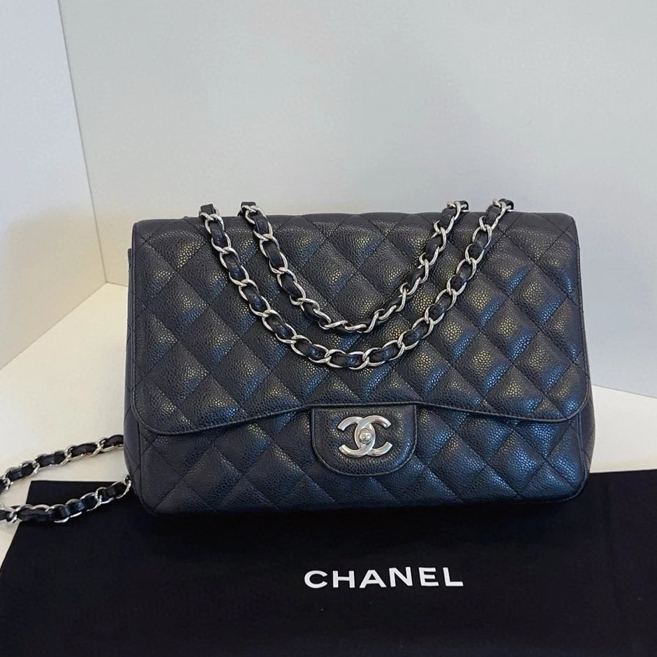 Chanel Classic Flap Jumbo Chain Shoulder Bag Crossbody Black Silver Women