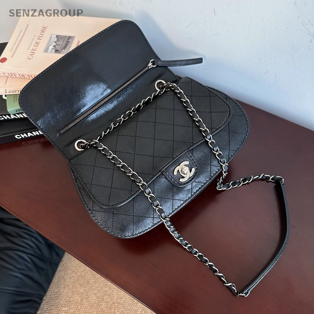 CHANEL Diamond Patten Calfskin Chain Shoulder bag Crossbody Women Black Silver