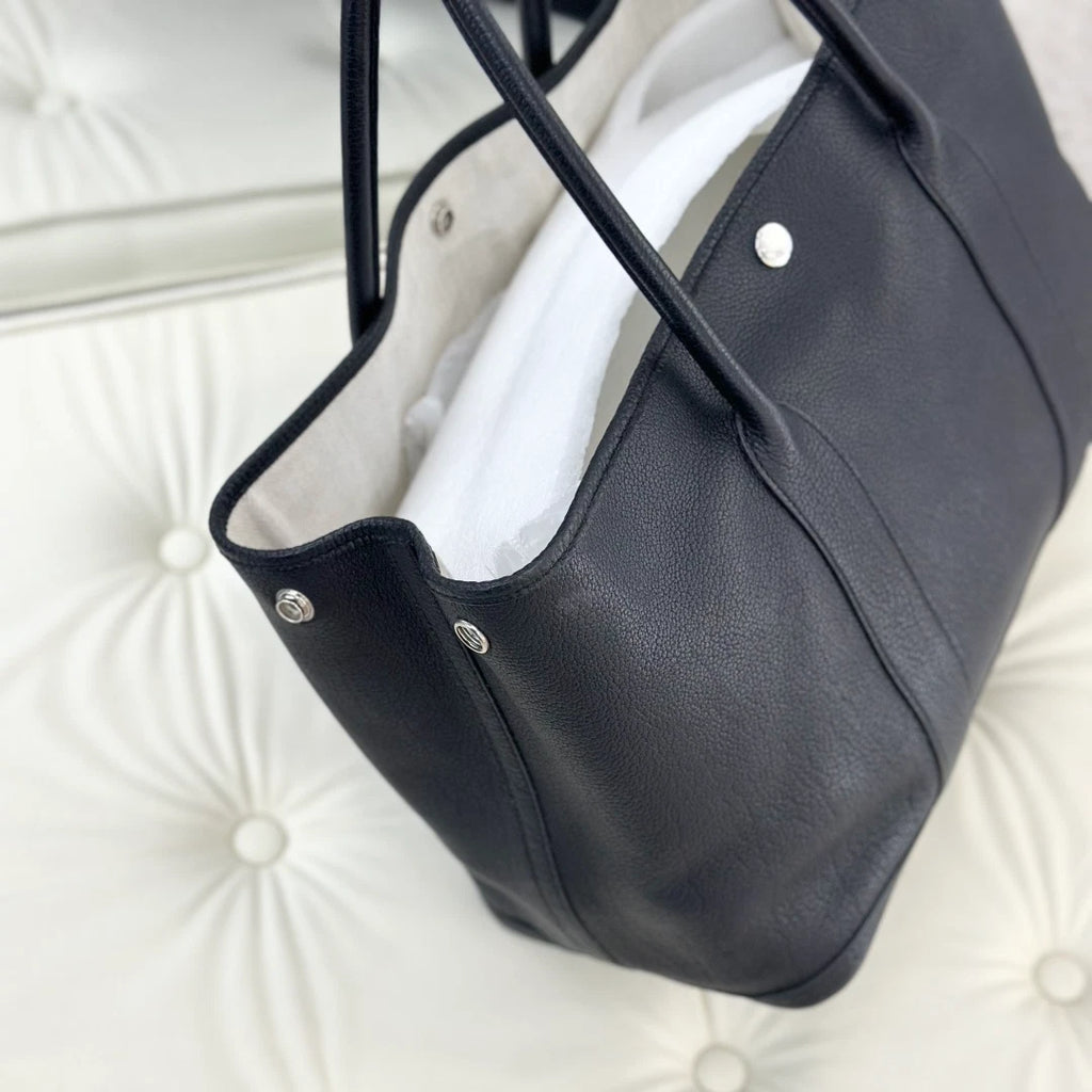Hermes Garden Party 36 Calfskin Tote Shoulder Bag Black Silver Women S