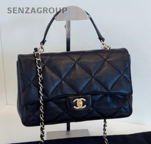 Chanel Classic Flap Chain Crossbody Top Handle Bag Black Gold Women Classic