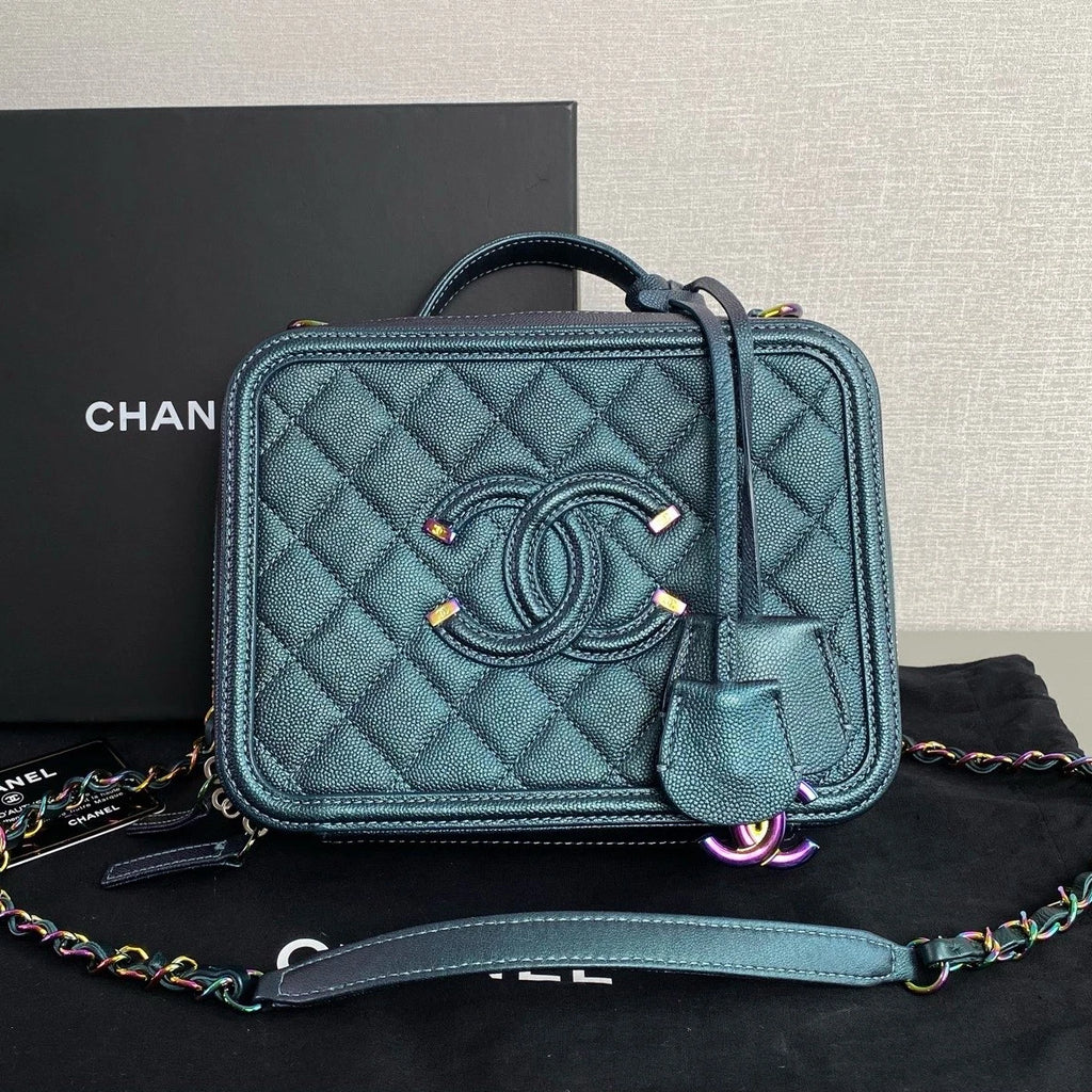 Chanel Vanity Case Chain Top Handle Crossbody Blue Iridescent Metallic Women