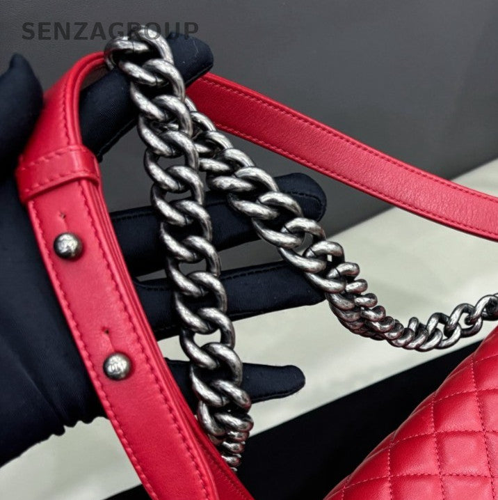 Chanel Leboy GM Chain Shoulder Bag Crossbody Red Silver Women Classic Fashion